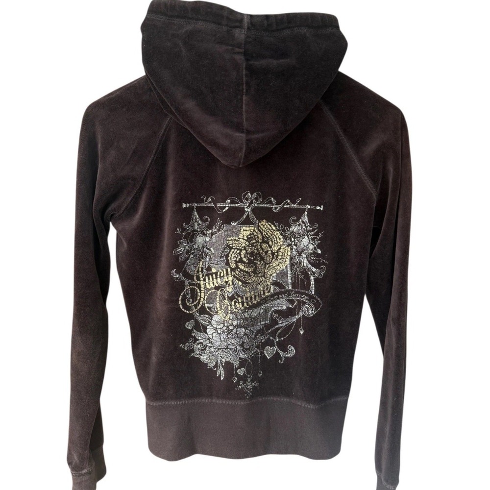 Vintage Y2K Juicy Couture Womens S Brown Velour Foil Graphic Charm Hoodie USA